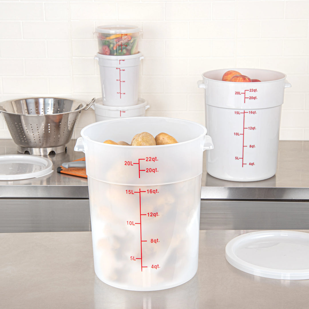 Restaurantware Met Lux 22 Quart Round Food Storage Containers, Translucent, 12.25 x 12.25 x 15 Inch, with Red Volume Markers - Restaurant Equipment and Smallwares - Canadian Distribution - Ships Free Within Canada on Orders Above CAD $199