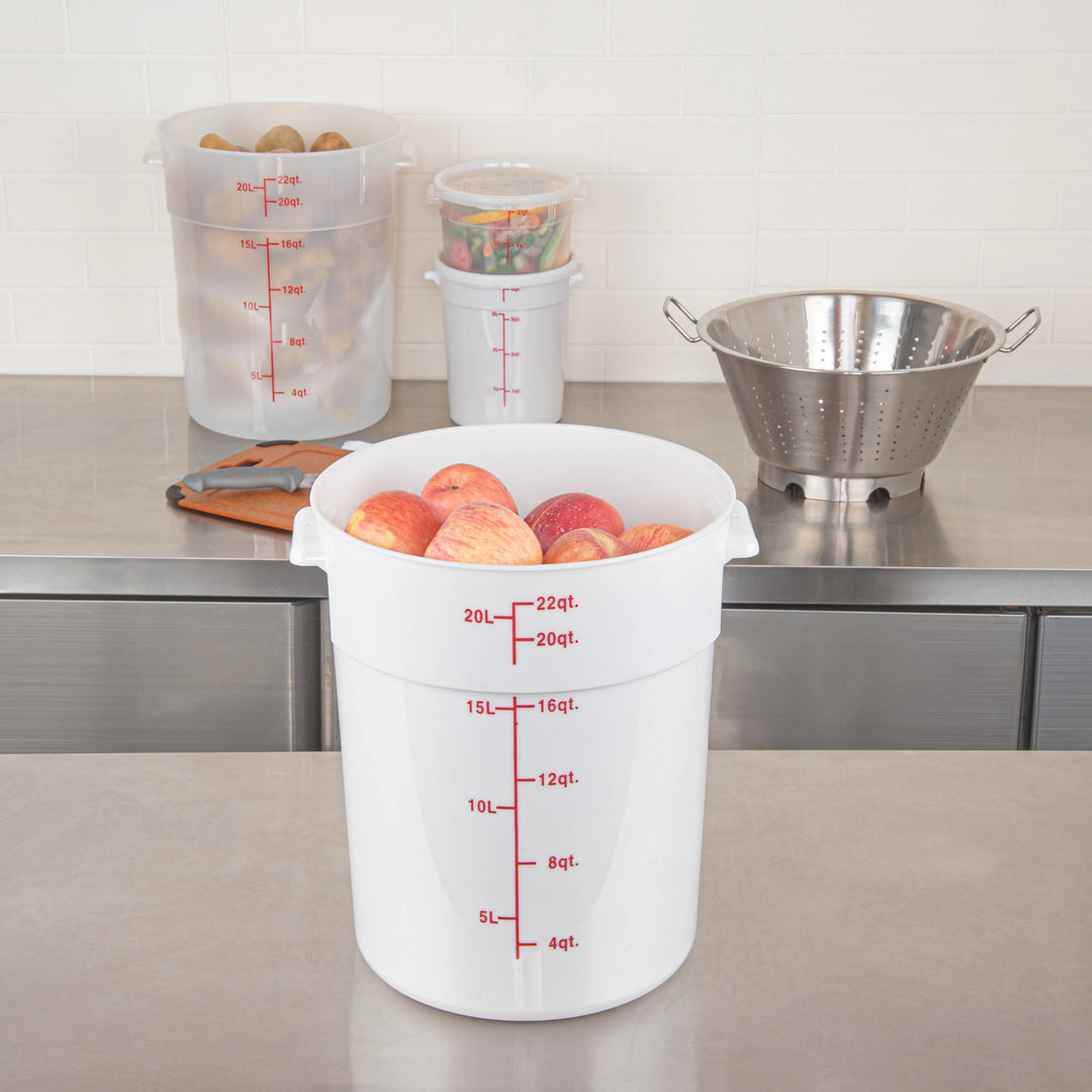 Restaurantware Met Lux 22 Quart Round Food Storage Containers, White, 12.25 x 12.25 x 15 Inch, with Red Volume Markers - Restaurant Equipment and Smallwares - Canadian Distribution - Ships Free Within Canada on Orders Above CAD $199
