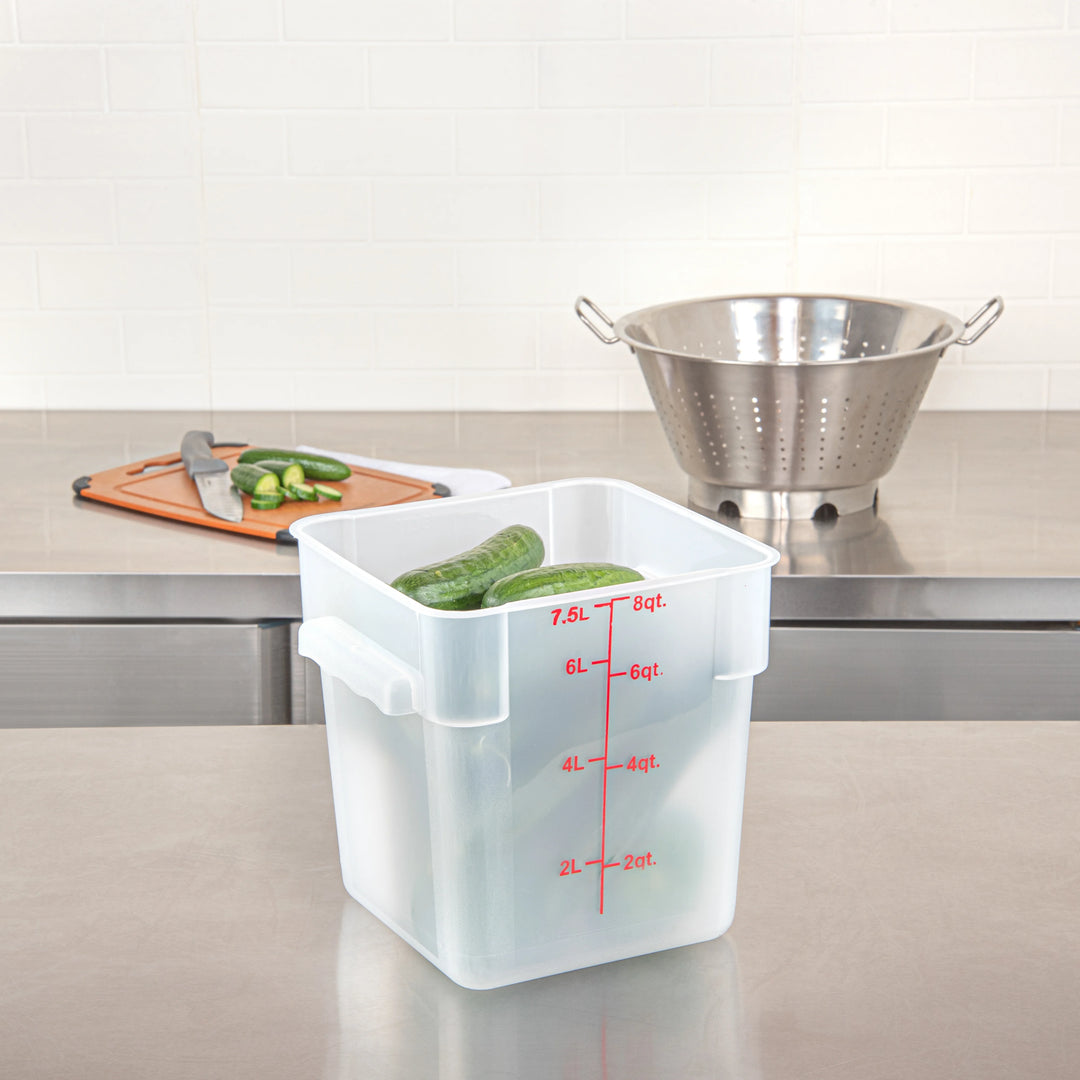Restaurantware Met Lux 8 Quart Square Food Storage Containers, Translucent, 8.75 x 8.75 x 8.50 Inch, with Red Volume Markers - Restaurant Equipment and Smallwares - Canadian Distribution - Ships Free Within Canada on Orders Above CAD $199