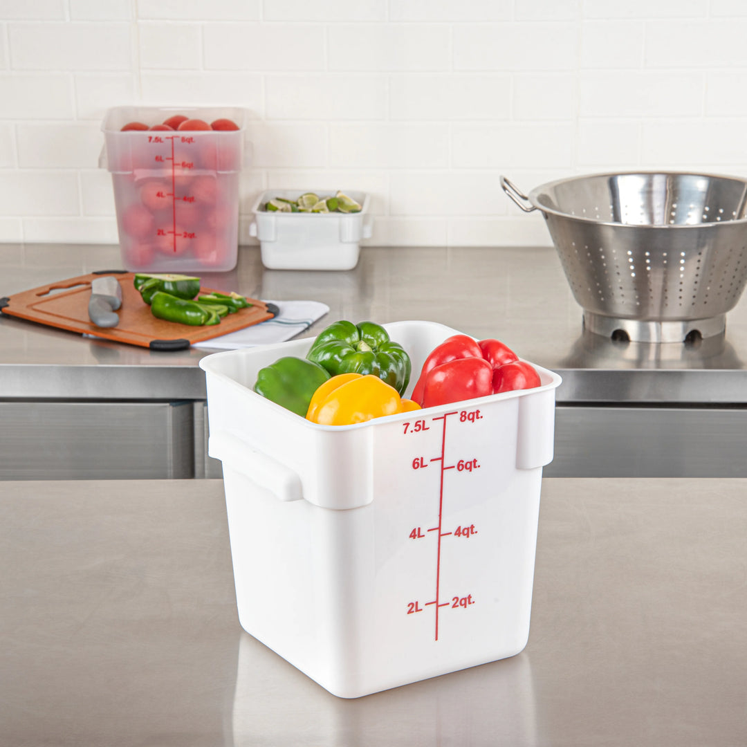 Restaurantware Met Lux 8 Quart Square Food Storage Containers, White, 8.75 x 8.75 x 8.50 Inch, with Red Volume Markers - Restaurant Equipment and Smallwares - Canadian Distribution - Ships Free Within Canada on Orders Above CAD $199