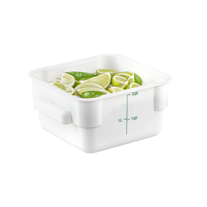 Restaurantware Met Lux 2 Quart Square Food Storage Containers, White, 7 x 7 x 4 Inch, with Green Volume Markers - Restaurant Equipment and Smallwares - Canadian Distribution - Ships Free Within Canada on Orders Above CAD $199