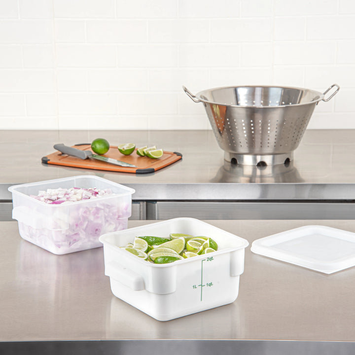 Restaurantware Met Lux 2 Quart Square Food Storage Containers, White, 7 x 7 x 4 Inch, with Green Volume Markers - Restaurant Equipment and Smallwares - Canadian Distribution - Ships Free Within Canada on Orders Above CAD $199