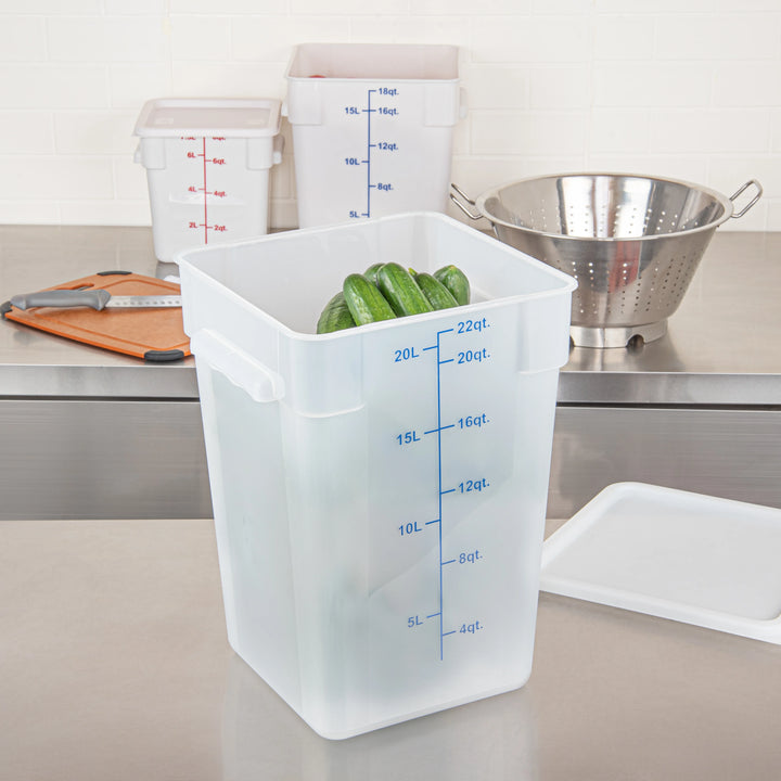 Restaurantware Met Lux 22 Quart Square Food Storage Containers, Translucent, 11 x 11 x 15.50 Inch, with Blue Volume Markers - Restaurant Equipment and Smallwares - Canadian Distribution - Ships Free Within Canada on Orders Above CAD $199