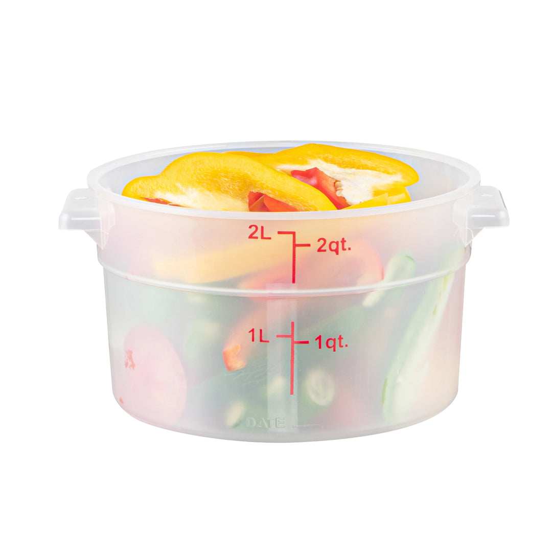 Restaurantware Met Lux 2 Quart Round Food Storage Containers, Translucent, 7.25 x 7.25 x 4.25 Inch, with Red Volume Markers - Restaurant Equipment and Smallwares - Canadian Distribution - Ships Free Within Canada on Orders Above CAD $199