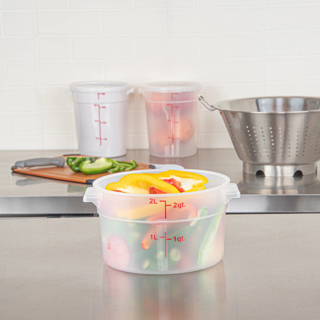 Restaurantware Met Lux 2 Quart Round Food Storage Containers, Translucent, 7.25 x 7.25 x 4.25 Inch, with Red Volume Markers - Restaurant Equipment and Smallwares - Canadian Distribution - Ships Free Within Canada on Orders Above CAD $199