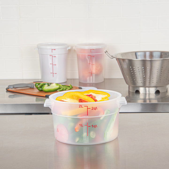 Restaurantware Met Lux 2 Quart Round Food Storage Containers, Translucent, 7.25 x 7.25 x 4.25 Inch, with Red Volume Markers - Restaurant Equipment and Smallwares - Canadian Distribution - Ships Free Within Canada on Orders Above CAD $199