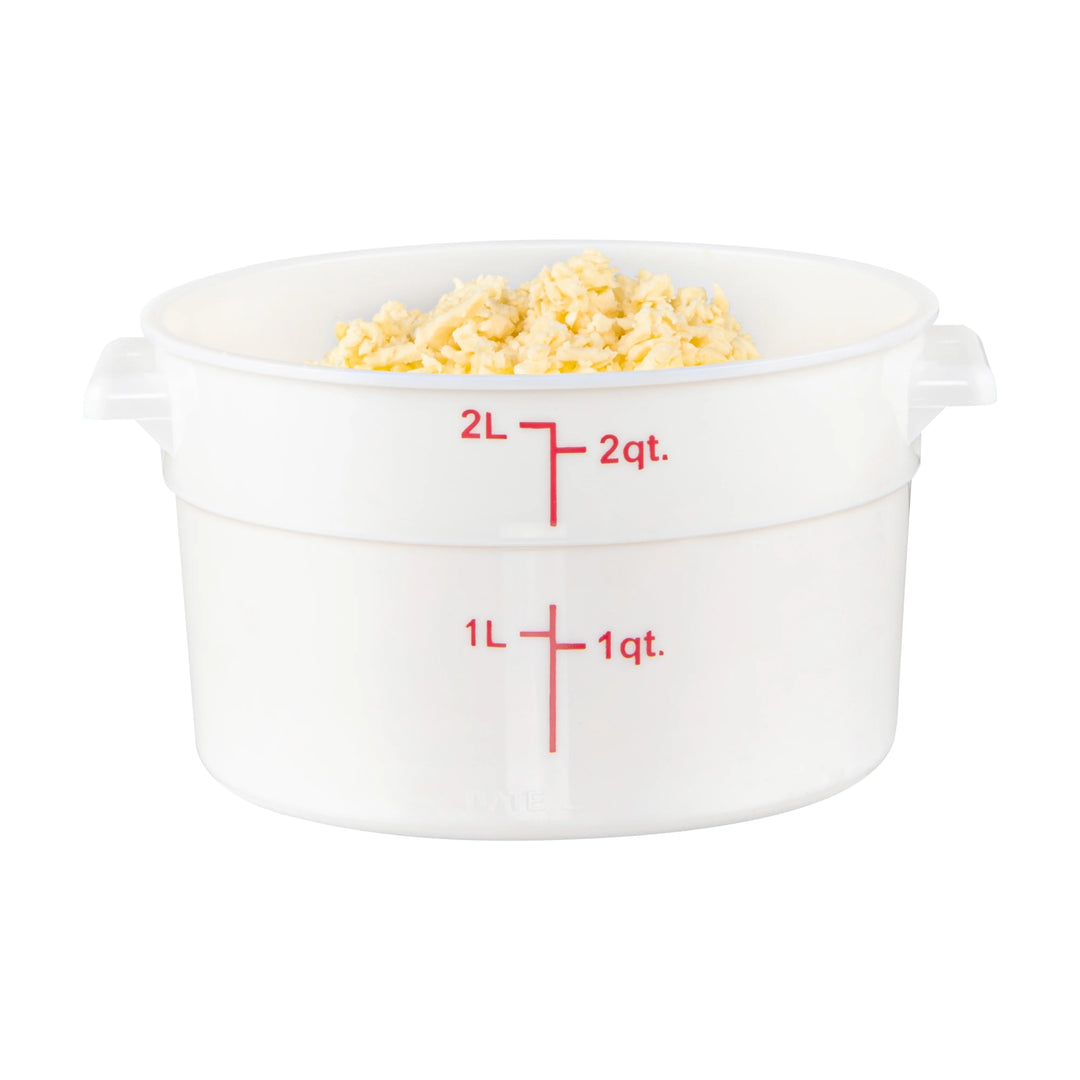 Restaurantware Met Lux 2 Quart Round Food Storage Containers, White, 7.25 x 7.25 x 4.25 Inch, with Red Volume Markers - Restaurant Equipment and Smallwares - Canadian Distribution - Ships Free Within Canada on Orders Above CAD $199