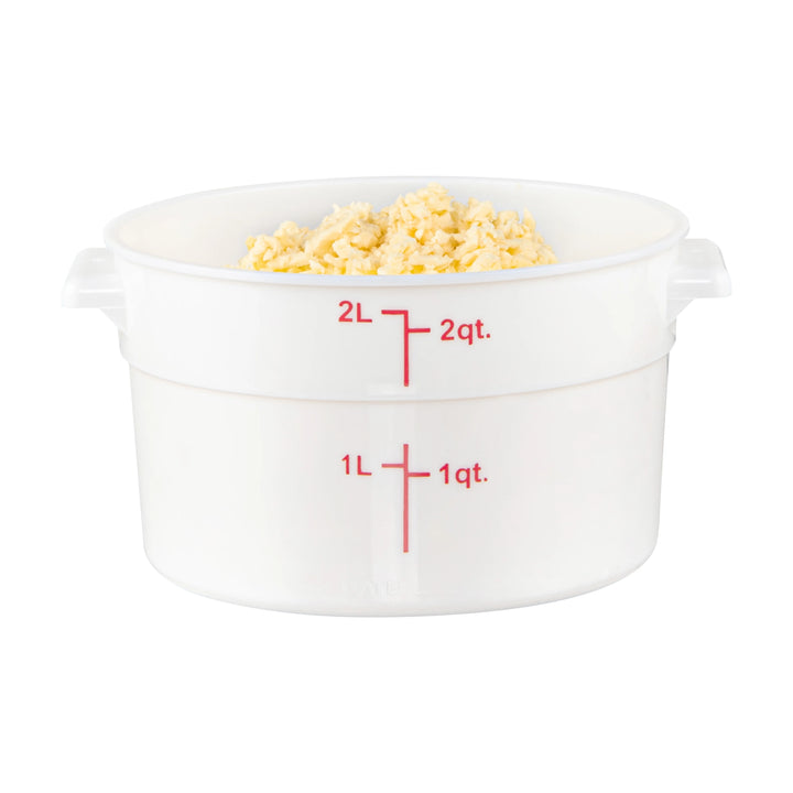 Restaurantware Met Lux 2 Quart Round Food Storage Containers, White, 7.25 x 7.25 x 4.25 Inch, with Red Volume Markers - Restaurant Equipment and Smallwares - Canadian Distribution - Ships Free Within Canada on Orders Above CAD $199