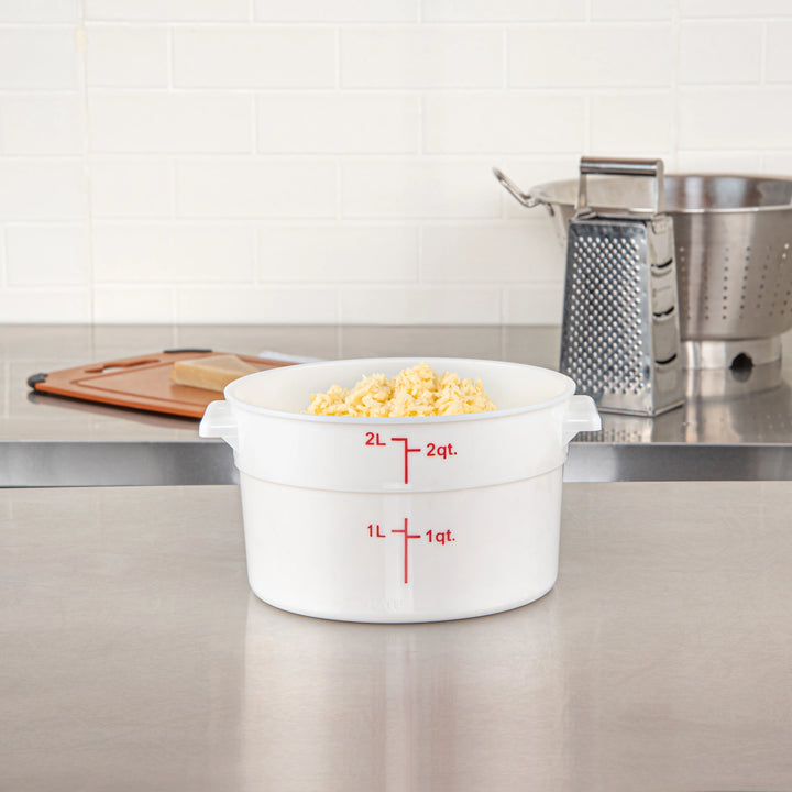 Restaurantware Met Lux 2 Quart Round Food Storage Containers, White, 7.25 x 7.25 x 4.25 Inch, with Red Volume Markers - Restaurant Equipment and Smallwares - Canadian Distribution - Ships Free Within Canada on Orders Above CAD $199