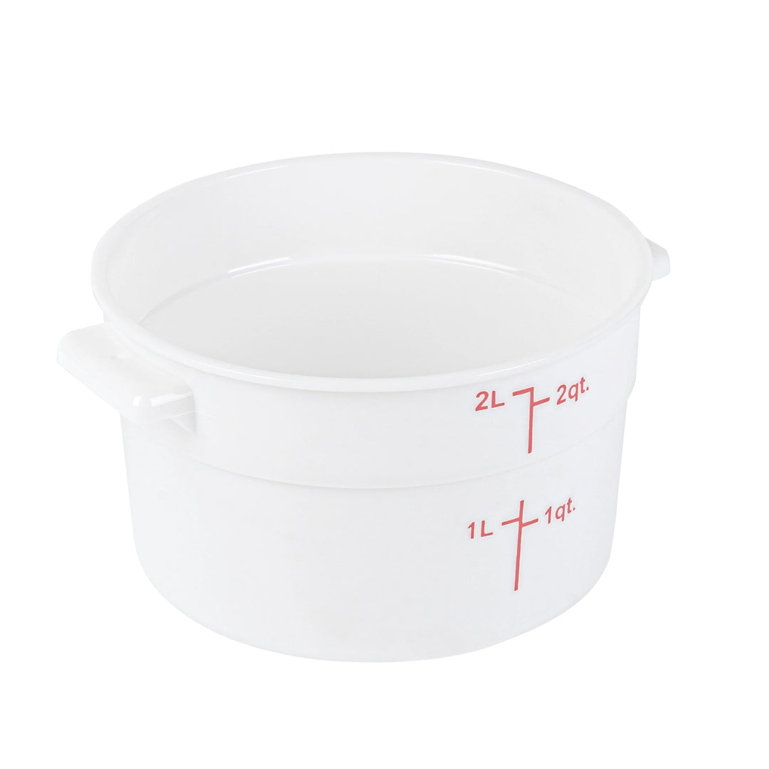 Restaurantware Met Lux 2 Quart Round Food Storage Containers, White, 7.25 x 7.25 x 4.25 Inch, with Red Volume Markers - Restaurant Equipment and Smallwares - Canadian Distribution
