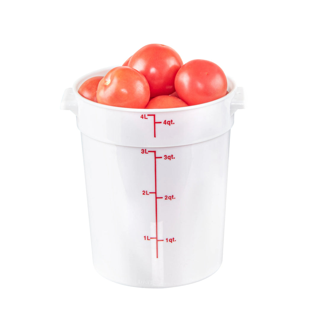 Restaurantware Met Lux 4 Quart Round Food Storage Containers, White, 7.25 x 7.25 x 8.50 Inch, with Red Volume Markers - Restaurant Equipment and Smallwares - Canadian Distribution - Ships Free Within Canada on Orders Above CAD $199