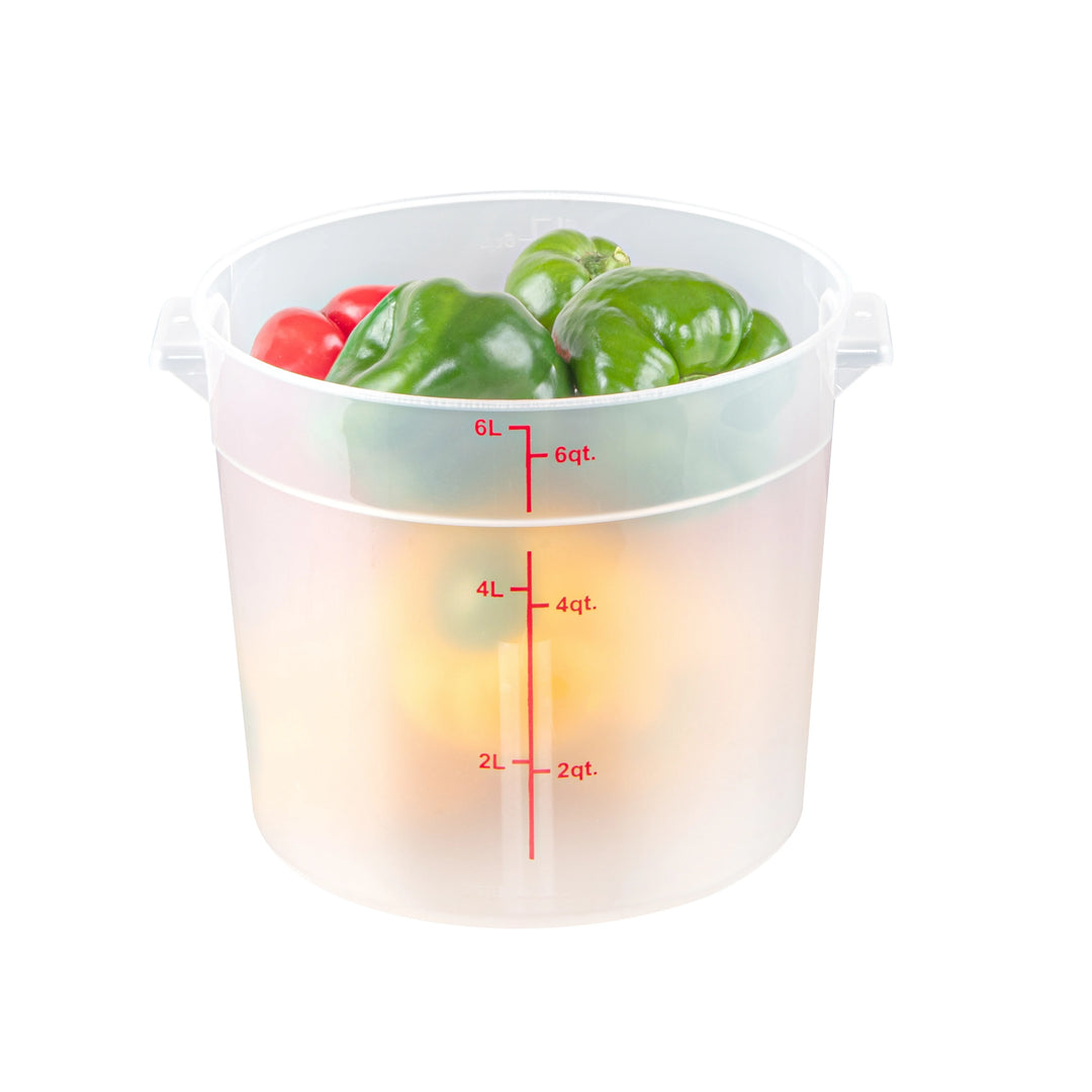 Restaurantware Met Lux 6 Quart Round Food Storage Containers, Translucent, 8.75 x 8.75 x 7.75 Inch, with Red Volume Markers - Restaurant Equipment and Smallwares - Canadian Distribution - Ships Free Within Canada on Orders Above CAD $199