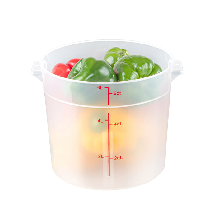 Restaurantware Met Lux 6 Quart Round Food Storage Containers, Translucent, 8.75 x 8.75 x 7.75 Inch, with Red Volume Markers - Restaurant Equipment and Smallwares - Canadian Distribution - Ships Free Within Canada on Orders Above CAD $199