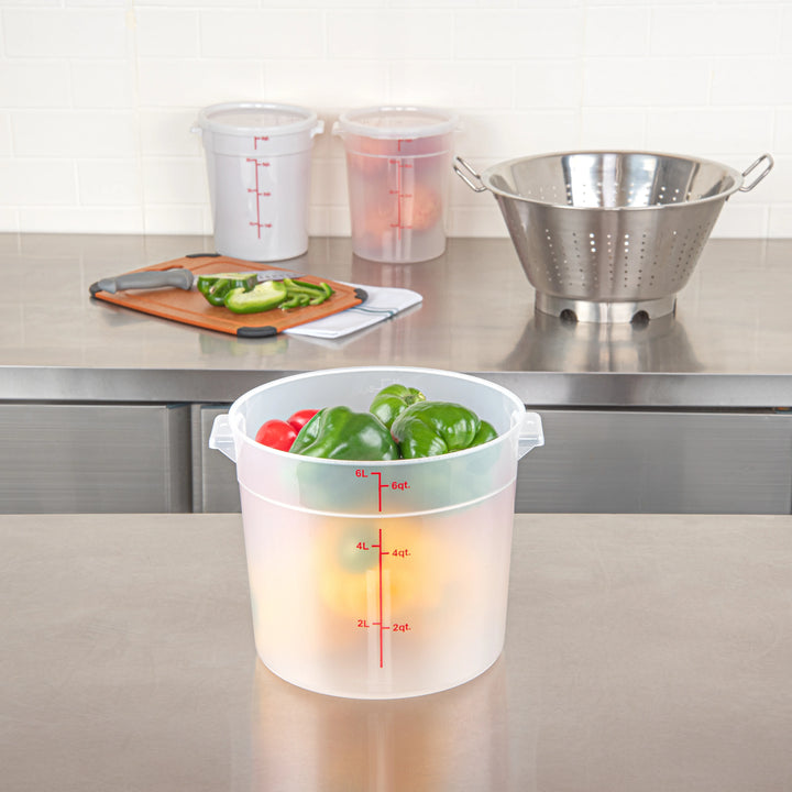 Restaurantware Met Lux 6 Quart Round Food Storage Containers, Translucent, 8.75 x 8.75 x 7.75 Inch, with Red Volume Markers - Restaurant Equipment and Smallwares - Canadian Distribution - Ships Free Within Canada on Orders Above CAD $199