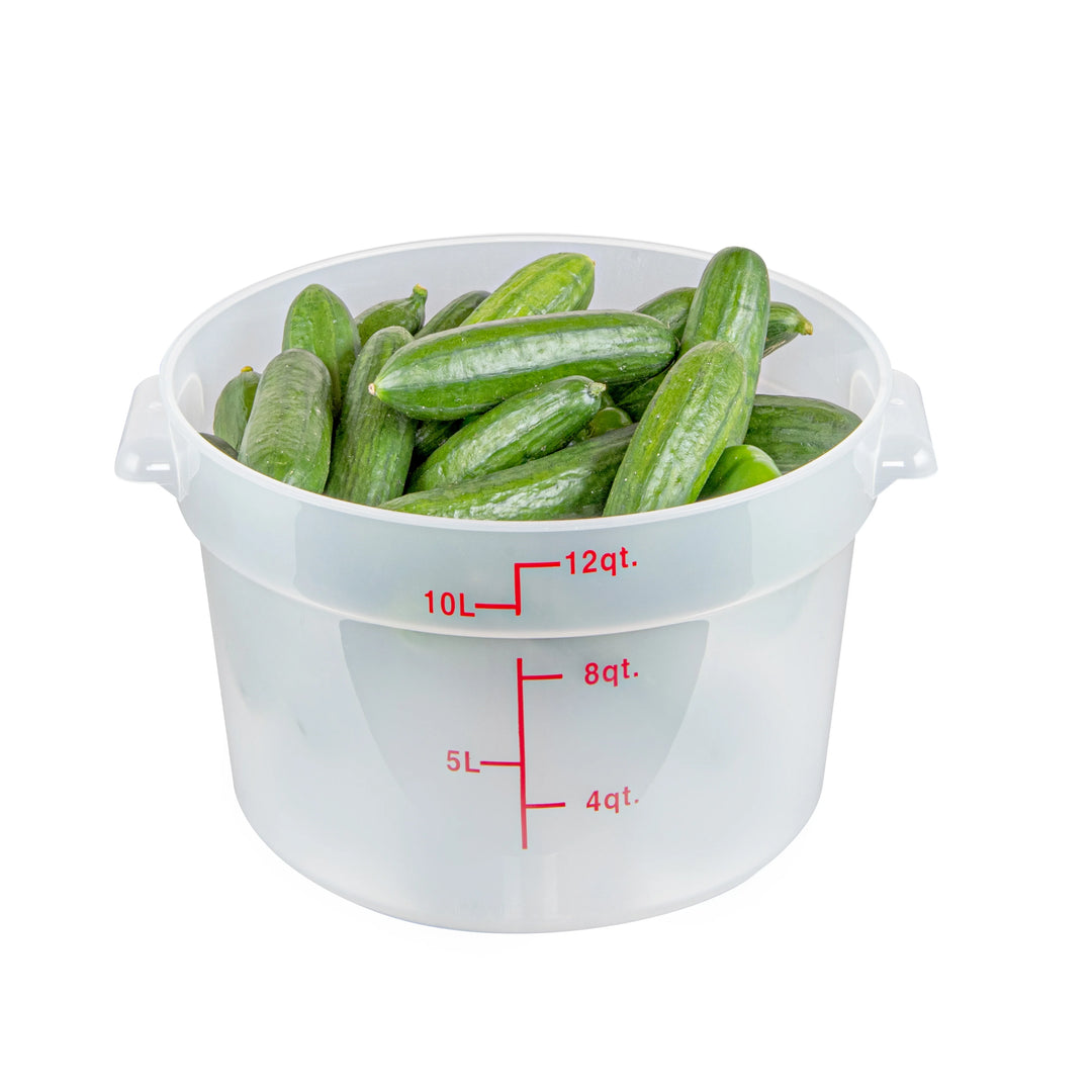Restaurantware Met Lux 12 Quart Round Food Storage Containers, Translucent, 12.25 x 12.25 x 8 Inch, with Red Volume Markers - 10 Units/Case - Restaurant Equipment and Smallwares - Canadian Distribution - Ships Free Within Canada on Orders Above CAD $199