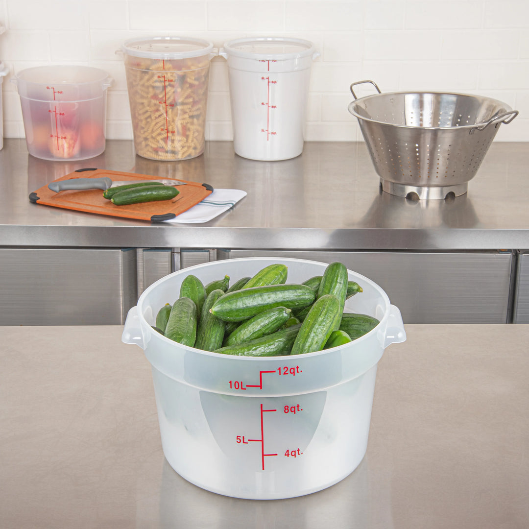 Restaurantware Met Lux 12 Quart Round Food Storage Containers, Translucent, 12.25 x 12.25 x 8 Inch, with Red Volume Markers - 10 Units/Case - Restaurant Equipment and Smallwares - Canadian Distribution - Ships Free Within Canada on Orders Above CAD $199