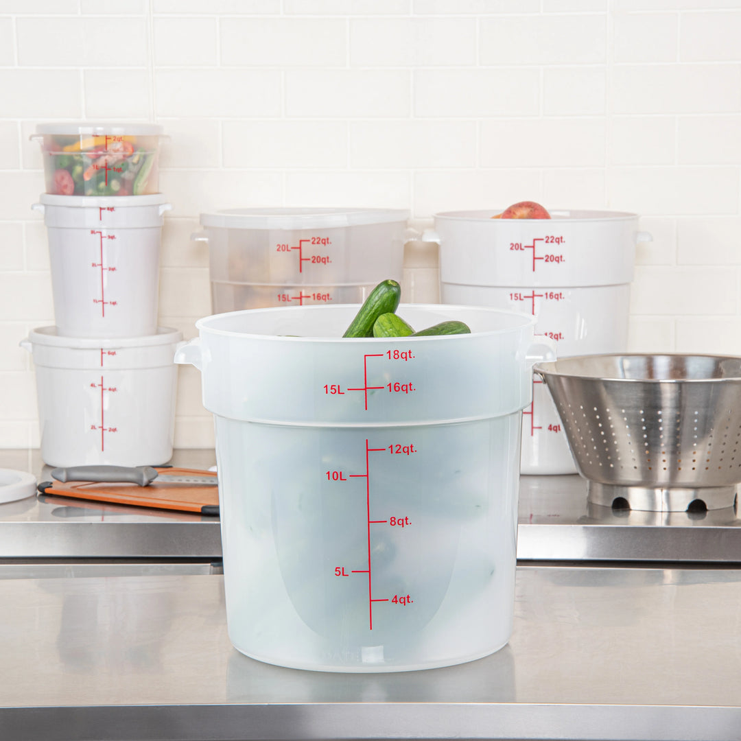 Restaurantware Met Lux 18 Quart Round Food Storage Containers, Translucent, 12.25 x 12.25 x 12 Inch, with Red Volume Markers - 10 Units/Case - Restaurant Equipment and Smallwares - Canadian Distribution - Ships Free Within Canada on Orders Above CAD $199