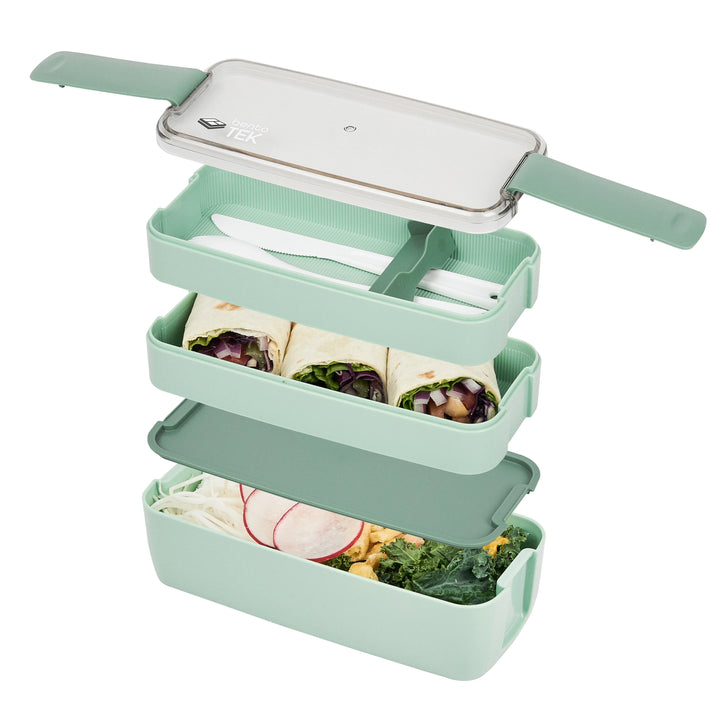 Restaurantware Bento Tek 30 Ounce Microwave-Safe Lunch Boxes, Green, 7.50 x 3.25 x 4.50 Inch, with Fork & Knife - 10 Units/Case - Restaurant Equipment and Smallwares - Canadian Distribution - Ships Free Within Canada on Orders Above CAD $199