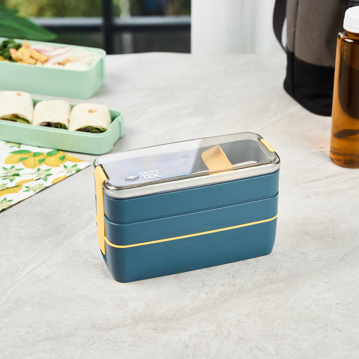 Restaurantware Bento Tek 30 Ounce Microwave-Safe Lunch Boxes, Blue & Yellow, 7.50 x 3.25 x 4.50 Inch, with Fork & Knife - 10 Units/Case - Restaurant Equipment and Smallwares - Canadian Distribution - Ships Free Within Canada on Orders Above CAD $199