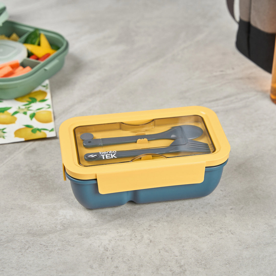 Restaurantware Bento Tek 29 Ounce Microwave-Safe Lunch Boxes, Blue & Yellow, 7.75 x 4.75 x 2.75 Inch, with Fork & Spoon - 10 Units/Case - Restaurant Equipment and Smallwares - Canadian Distribution - Ships Free Within Canada on Orders Above CAD $199