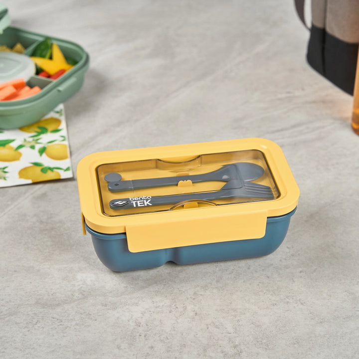 Restaurantware Bento Tek 29 Ounce Microwave-Safe Lunch Boxes, Blue & Yellow, 7.75 x 4.75 x 2.75 Inch, with Fork & Spoon - 10 Units/Case - Restaurant Equipment and Smallwares - Canadian Distribution - Ships Free Within Canada on Orders Above CAD $199