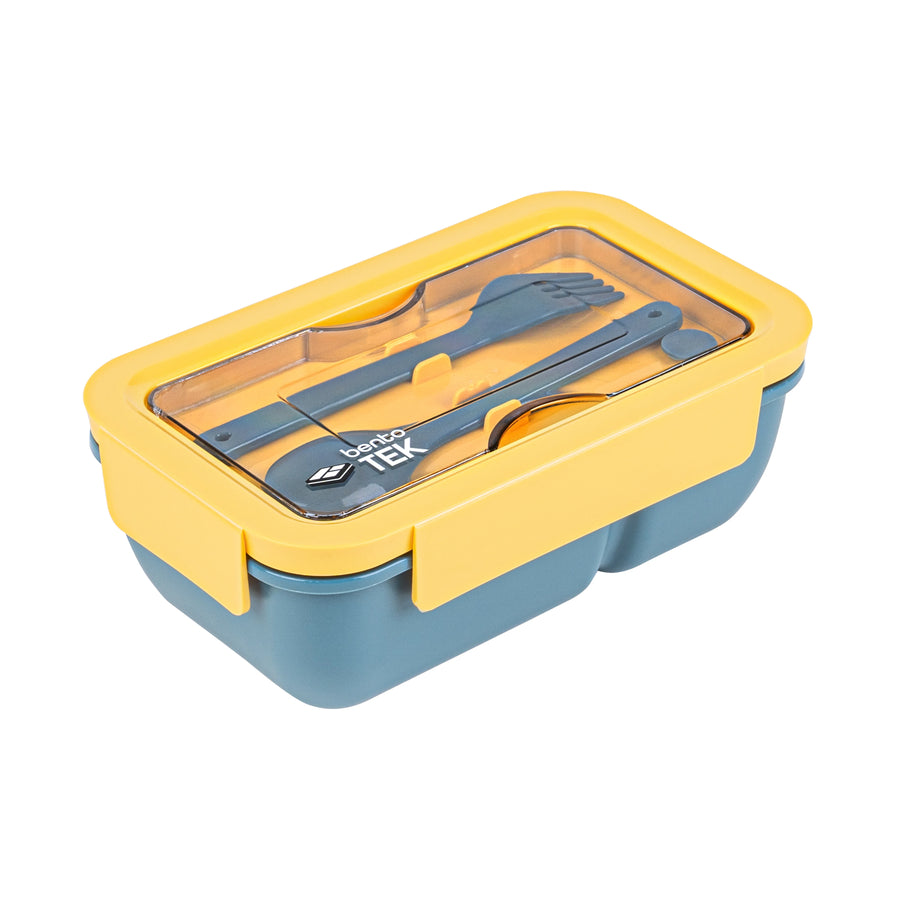 Restaurantware Bento Tek 29 Ounce Microwave-Safe Lunch Boxes, Blue & Yellow, 7.75 x 4.75 x 2.75 Inch, with Fork & Spoon - Restaurant Equipment and Smallwares - Canadian Distribution
