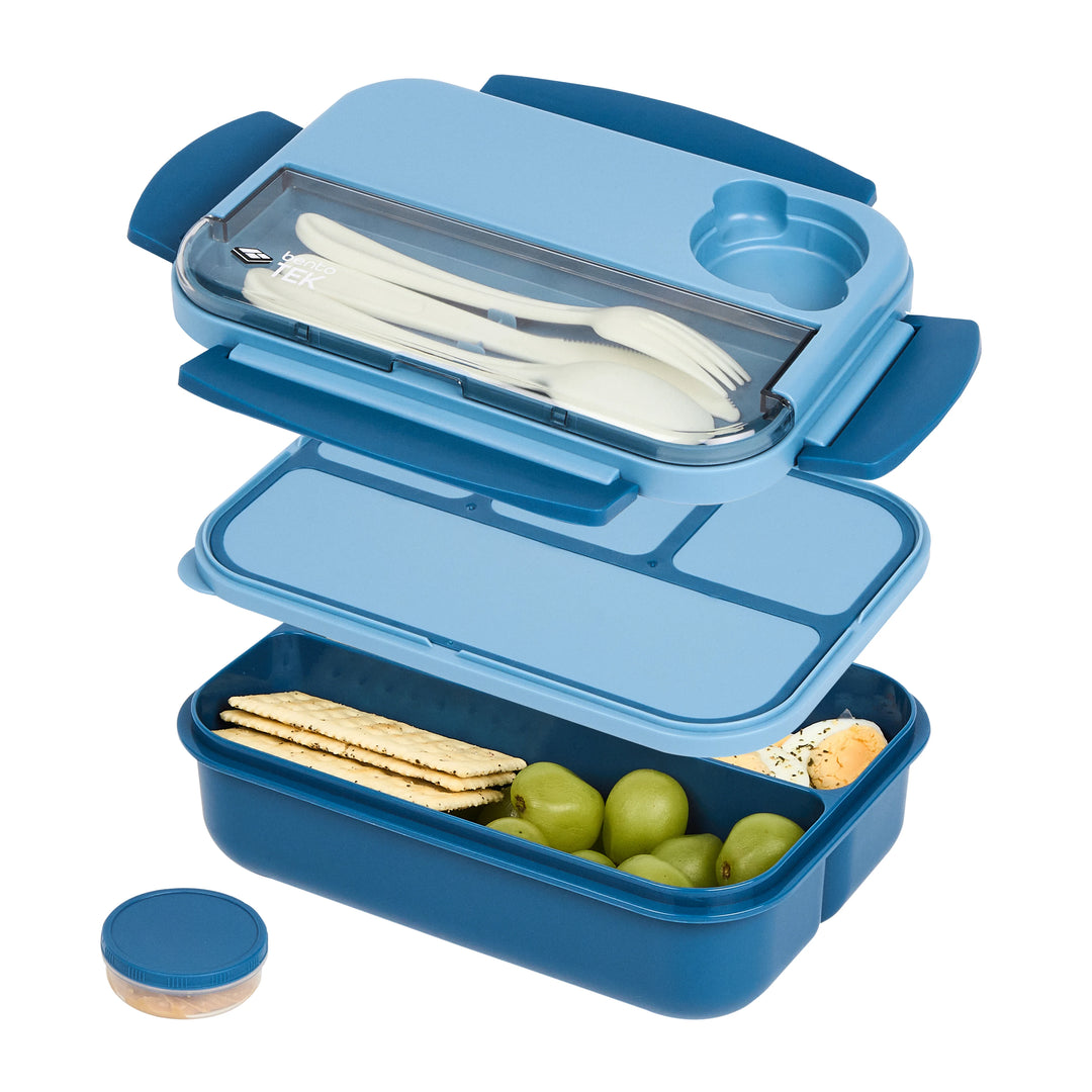 Restaurantware Bento Tek 44 Ounce Microwave-Safe Lunch Boxes, Blue, 9 x 6.50 x 3.25 Inch, with Utensils - 10 Units/Case - Restaurant Equipment and Smallwares - Canadian Distribution - Ships Free Within Canada on Orders Above CAD $199