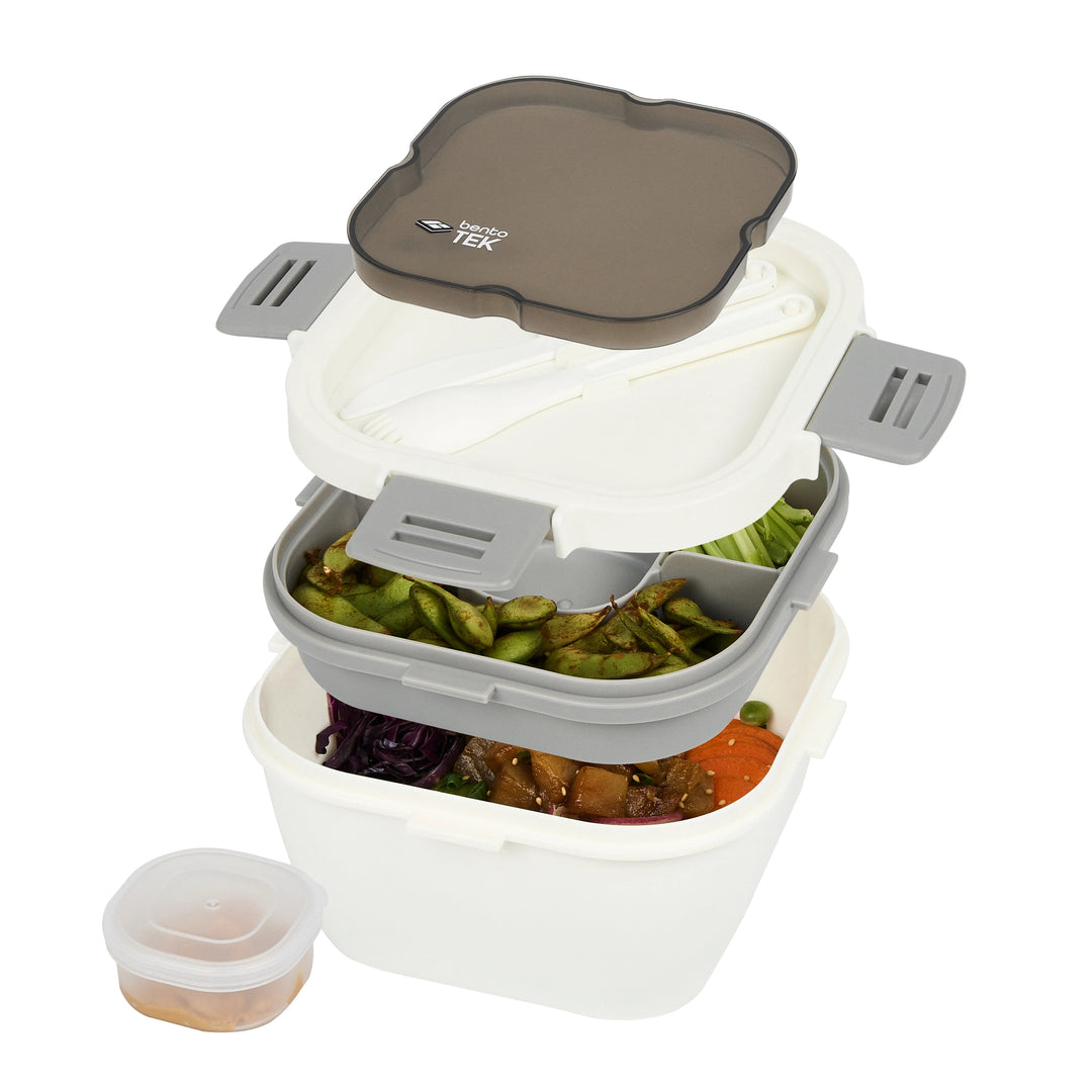 Restaurantware Bento Tek 58 Ounce Microwave-Safe Lunch Boxes, White & Grey, 7.25 x 7.25 x 4.25 Inch, with Fork & Knife - 10 Units/Case - Restaurant Equipment and Smallwares - Canadian Distribution - Ships Free Within Canada on Orders Above CAD $199