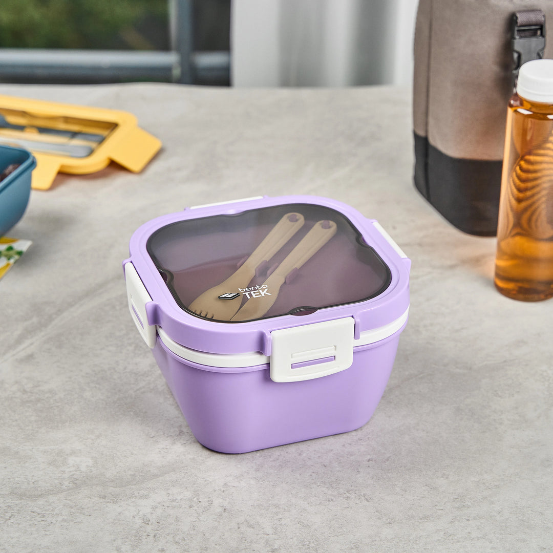 Restaurantware Bento Tek 58 Ounce Microwave-Safe Lunch Boxes, Purple & White, 7.25 x 7.25 x 4.25 Inch, with Fork & Knife - Restaurant Equipment and Smallwares - Canadian Distribution - Ships Free Within Canada on Orders Above CAD $199