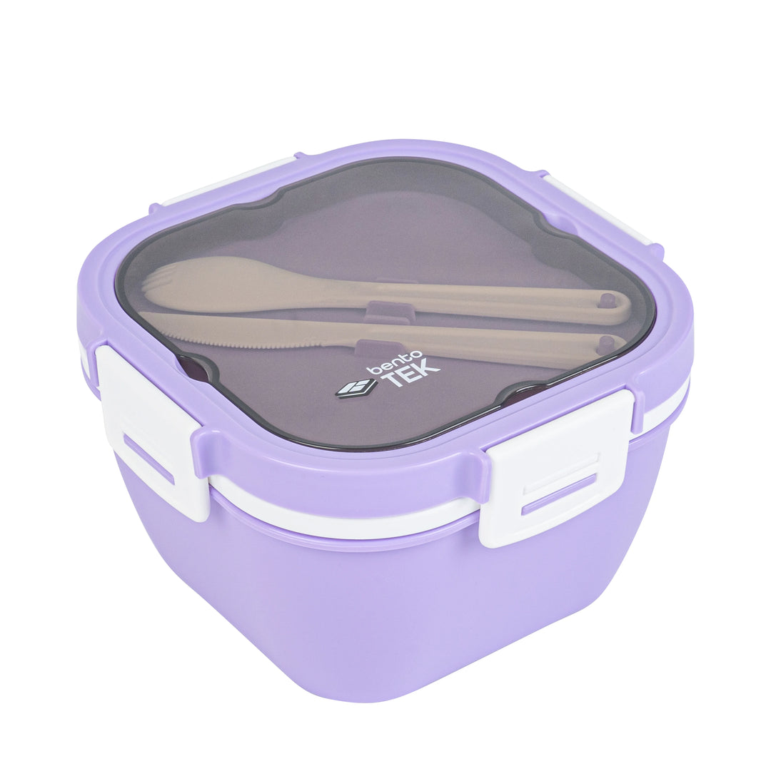 Restaurantware Bento Tek 58 Ounce Microwave-Safe Lunch Boxes, Purple & White, 7.25 x 7.25 x 4.25 Inch, with Fork & Knife - Restaurant Equipment and Smallwares - Canadian Distribution