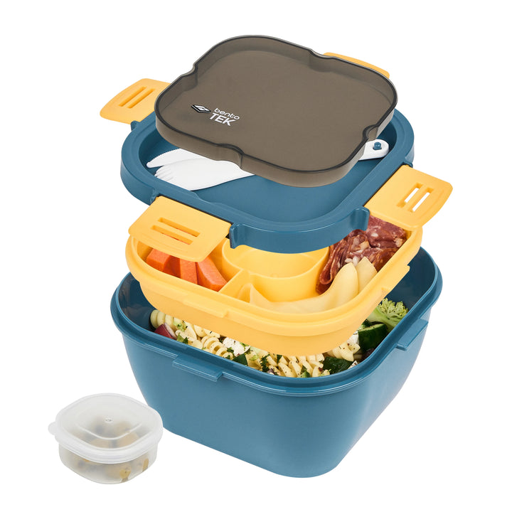 Restaurantware Bento Tek 58 Ounce Microwave-Safe Lunch Boxes, Blue & Yellow, 7.25 x 7.25 x 4.25 Inch, with Fork & Knife - 10 Units/Case - Restaurant Equipment and Smallwares - Canadian Distribution - Ships Free Within Canada on Orders Above CAD $199