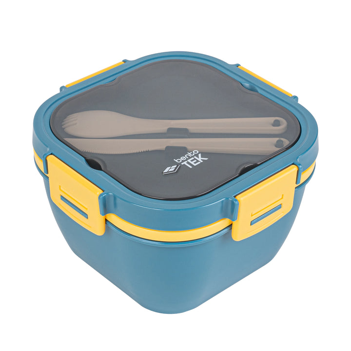 Restaurantware Bento Tek 58 Ounce Microwave-Safe Lunch Boxes, Blue & Yellow, 7.25 x 7.25 x 4.25 Inch, with Fork & Knife - Restaurant Equipment and Smallwares - Canadian Distribution