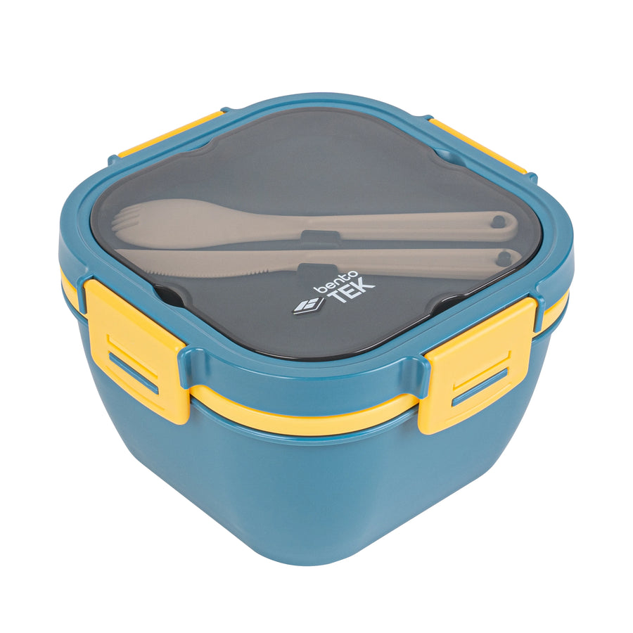 Restaurantware Bento Tek 58 Ounce Microwave-Safe Lunch Boxes, Blue & Yellow, 7.25 x 7.25 x 4.25 Inch, with Fork & Knife - Restaurant Equipment and Smallwares - Canadian Distribution