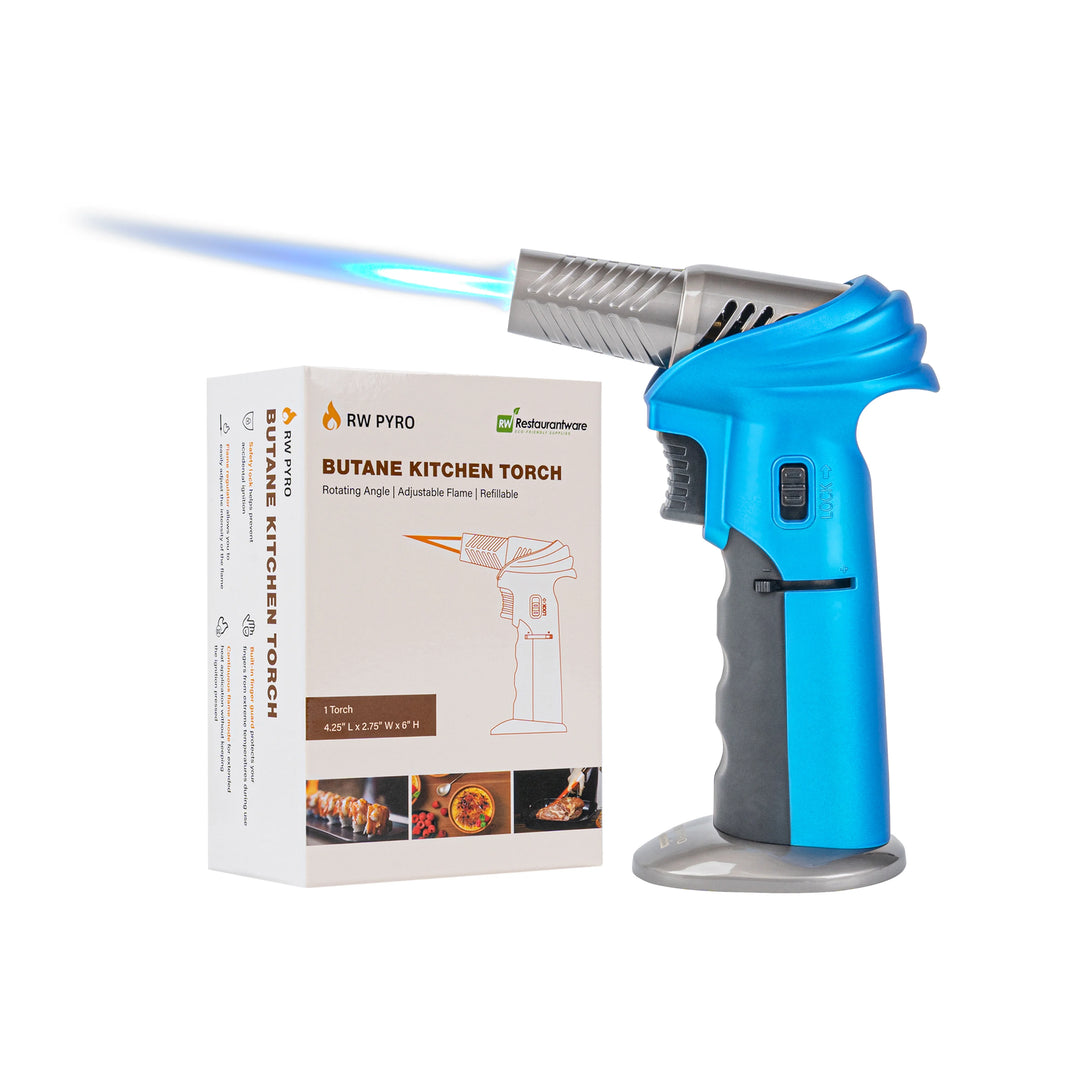 Restaurantware RW Pyro 4.25 x 2.75 x 6 Inch Butane Kitchen Torch, Blue, with Adjustable Dial & Rotating Angle - Restaurant Equipment and Smallwares - Canadian Distribution - Ships Free Within Canada on Orders Above CAD $199