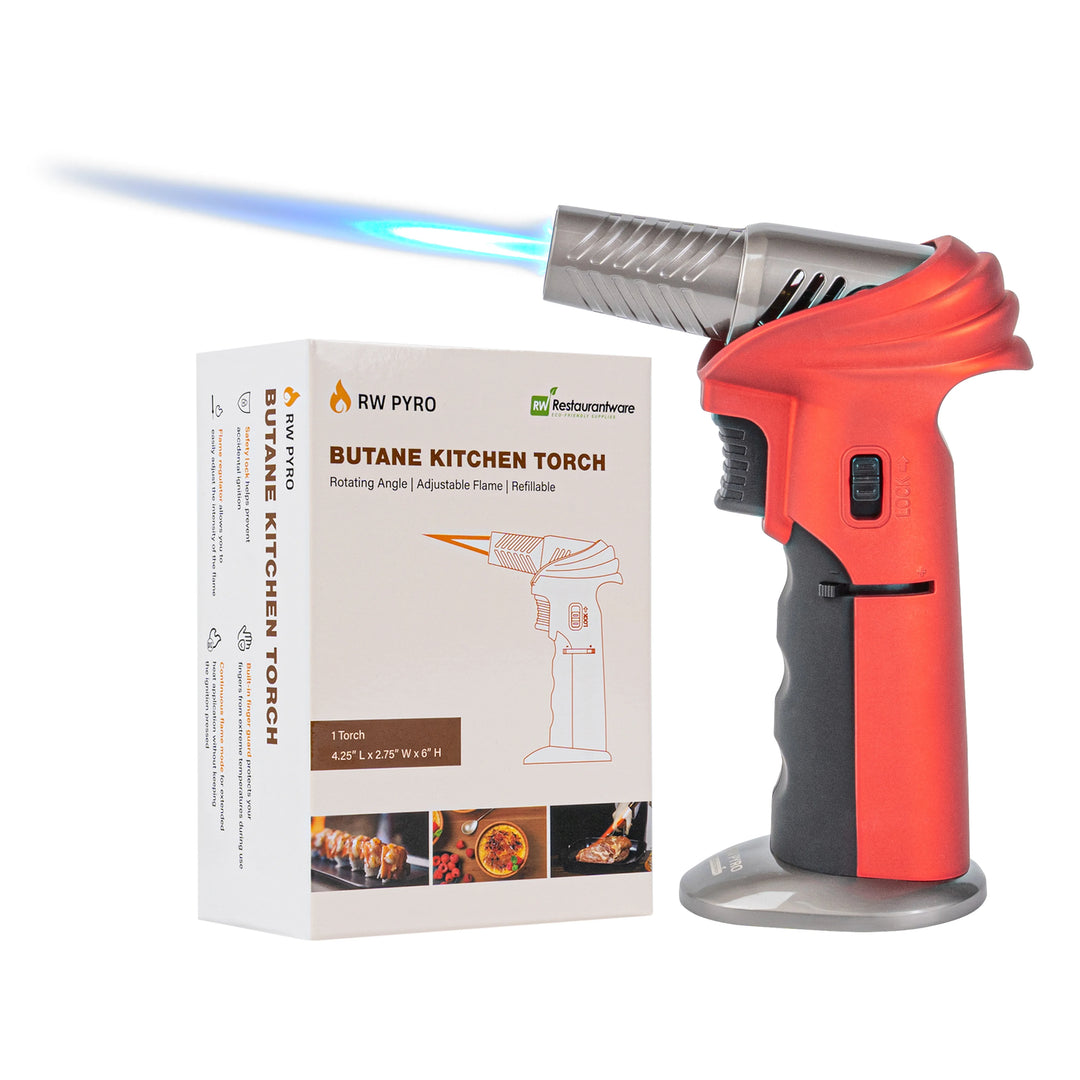 Restaurantware RW Pyro 4.25 x 2.75 x 6 Inch Butane Kitchen Torch, Red, with Adjustable Dial & Rotating Angle - Restaurant Equipment and Smallwares - Canadian Distribution - Ships Free Within Canada on Orders Above CAD $199