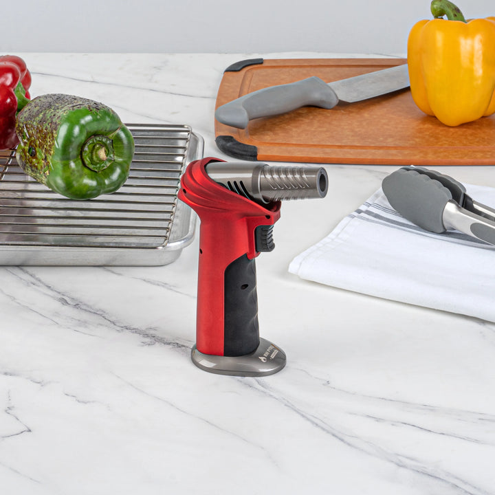 Restaurantware RW Pyro 4.25 x 2.75 x 6 Inch Butane Kitchen Torch, Red, with Adjustable Dial & Rotating Angle - Restaurant Equipment and Smallwares - Canadian Distribution - Ships Free Within Canada on Orders Above CAD $199