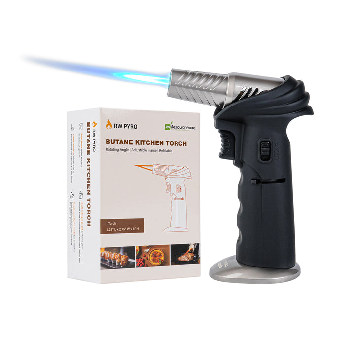 Restaurantware RW Pyro 4.25 x 2.75 x 6 Inch Butane Kitchen Torch, Black, with Adjustable Dial & Rotating Angle - Restaurant Equipment and Smallwares - Canadian Distribution - Ships Free Within Canada on Orders Above CAD $199
