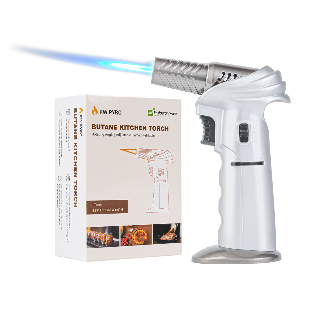 Restaurantware RW Pyro 4.25 x 2.75 x 6 Inch Butane Kitchen Torch, Silver, with Adjustable Dial & Rotating Angle - Restaurant Equipment and Smallwares - Canadian Distribution - Ships Free Within Canada on Orders Above CAD $199