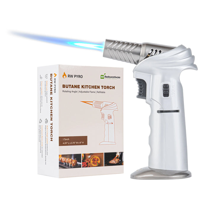 Restaurantware RW Pyro 4.25 x 2.75 x 6 Inch Butane Kitchen Torch, Silver, with Adjustable Dial & Rotating Angle - Restaurant Equipment and Smallwares - Canadian Distribution - Ships Free Within Canada on Orders Above CAD $199