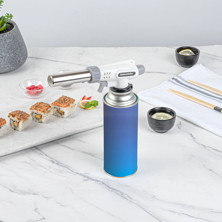 Restaurantware RW Pyro 7.75 x 3 x 1.50 Inch Butane Kitchen Torch, White, with Adjustable Dial - Restaurant Equipment and Smallwares - Canadian Distribution - Ships Free Within Canada on Orders Above CAD $199