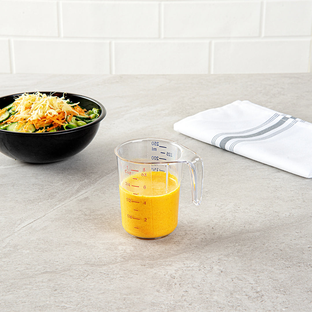 Restaurantware RW Base 1C Clear Plastic Measuring Cup, 3.75 x 3 x 3.75In - Restaurant Equipment and Smallwares - Canadian Distribution - Ships Free Within Canada on Orders Above CAD $199