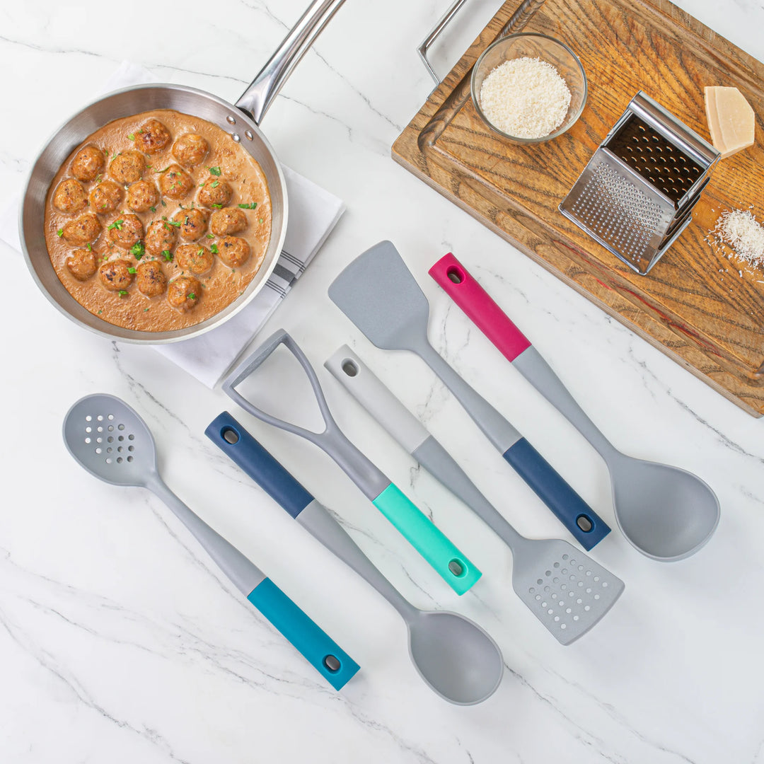 Restaurantware Met Lux 6-Piece Nylon High Heat Cooking Utensil Sets, Gray, Assorted Color Handle - Restaurant Equipment and Smallwares - Canadian Distribution - Ships Free Within Canada on Orders Above CAD $199