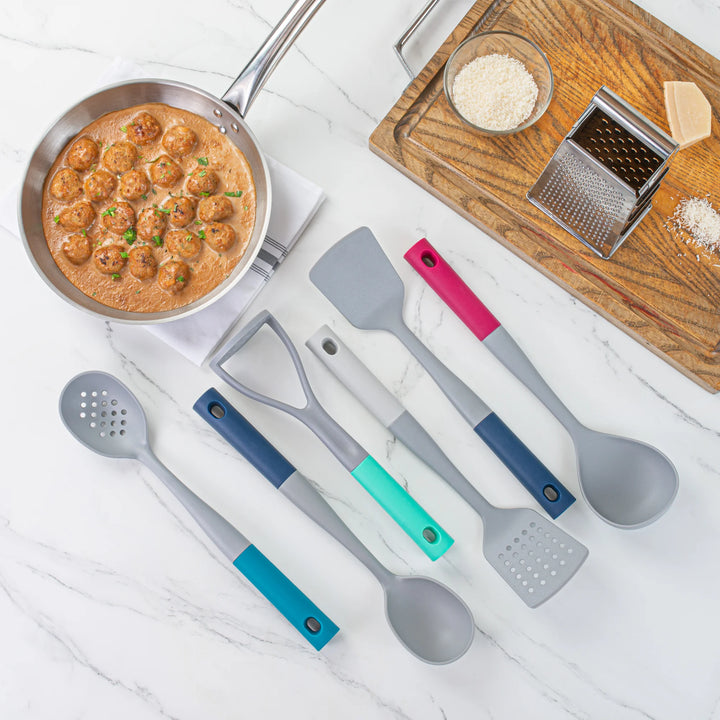 Restaurantware Met Lux 6-Piece Nylon High Heat Cooking Utensil Sets, Gray, Assorted Color Handle - Restaurant Equipment and Smallwares - Canadian Distribution - Ships Free Within Canada on Orders Above CAD $199