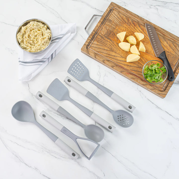 Restaurantware Met Lux 6-Piece Nylon High Heat Cooking Utensil Sets, Gray, White Handle - Restaurant Equipment and Smallwares - Canadian Distribution - Ships Free Within Canada on Orders Above CAD $199