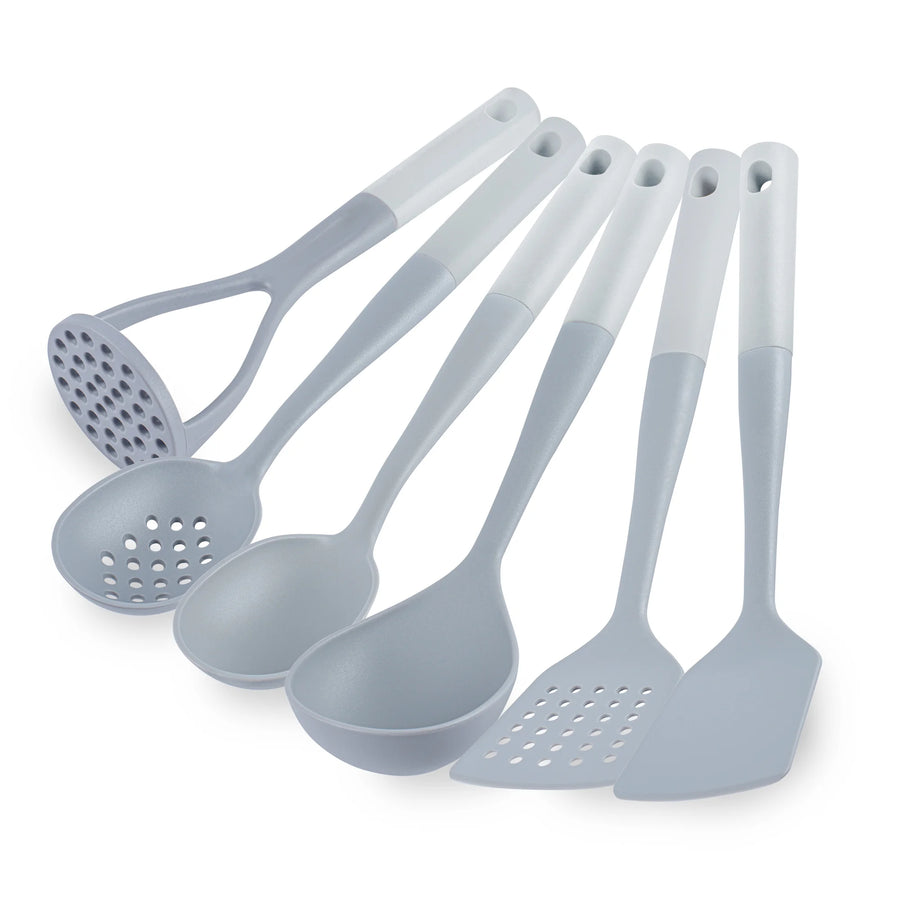 Restaurantware Met Lux 6-Piece Nylon High Heat Cooking Utensil Sets, Gray, White Handle - Restaurant Equipment and Smallwares - Canadian Distribution
