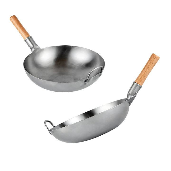 Restaurantware Motomori 14 Inch Fry Pan, Carbon Steel, Flat Bottom, Hammered Finish, Wood Handle - Restaurant Equipment and Smallwares - Canadian Distribution - Ships Free Within Canada on Orders Above CAD $199