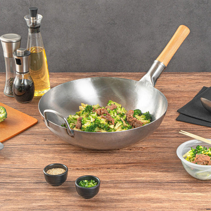 Restaurantware Motomori 14 Inch Fry Pan, Carbon Steel, Flat Bottom, Hammered Finish, Wood Handle - Restaurant Equipment and Smallwares - Canadian Distribution - Ships Free Within Canada on Orders Above CAD $199