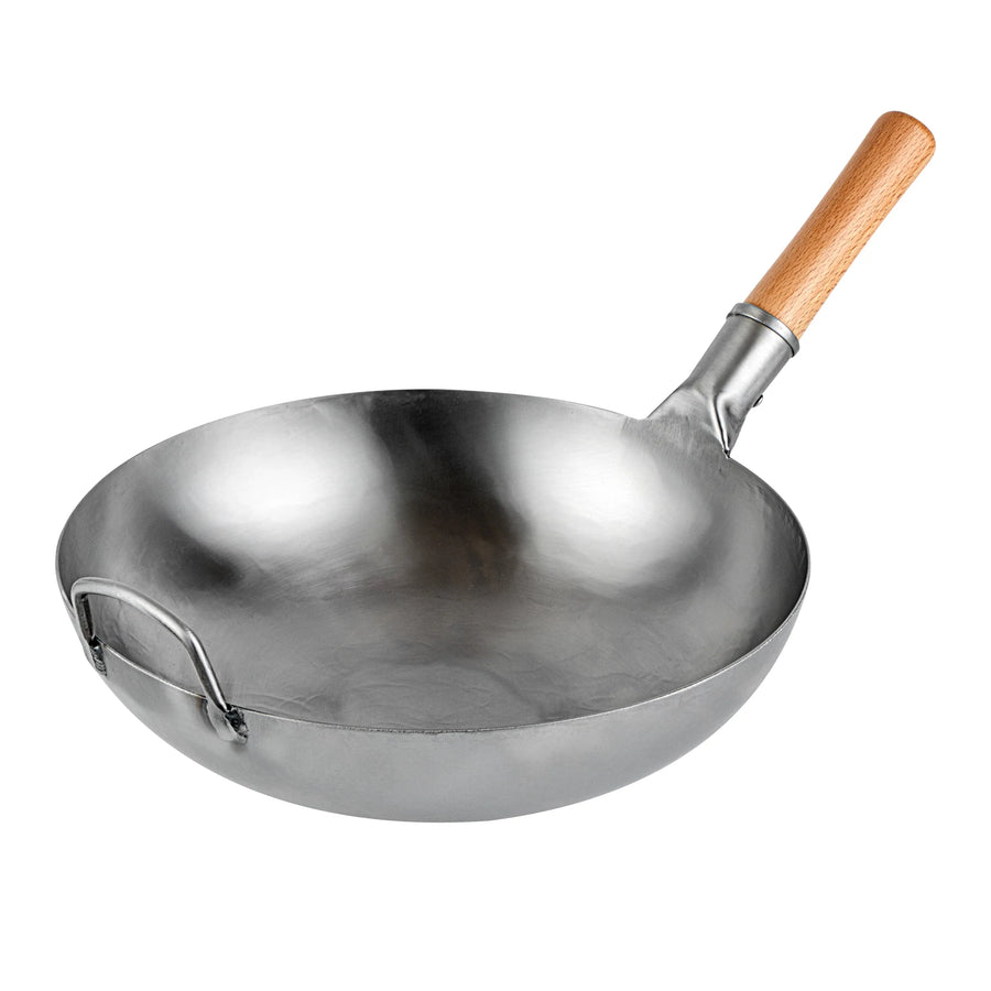 Restaurantware Motomori 14 Inch Fry Pan, Carbon Steel, Flat Bottom, Hammered Finish, Wood Handle - Restaurant Equipment and Smallwares - Canadian Distribution