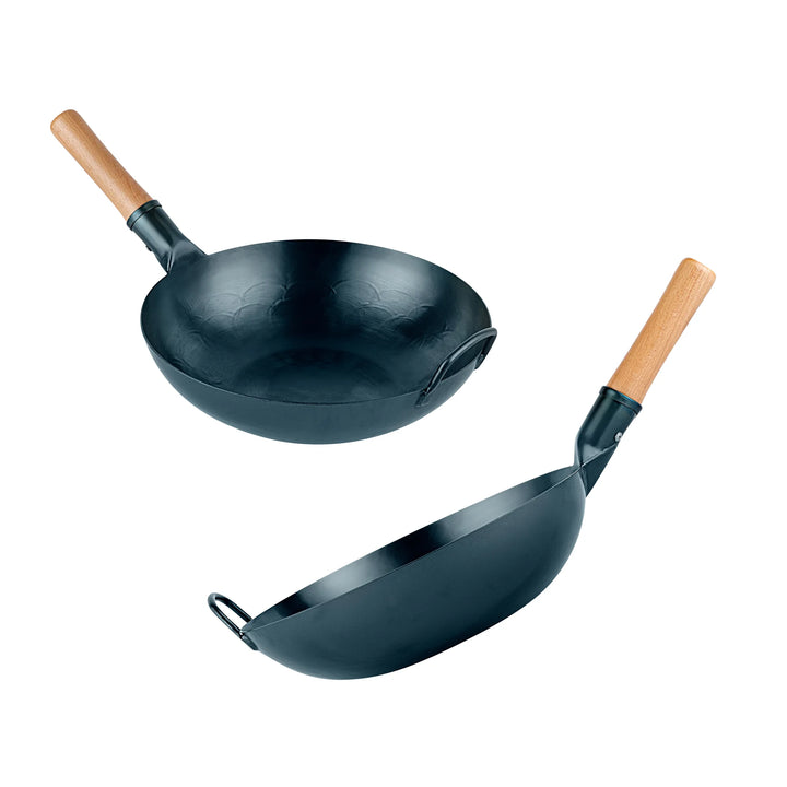 Restaurantware Motomori 12 Inch Pre-Seasoned Fry Pan, Carbon Steel, Blue, Flat Bottom, Hammered Finish, Wood Handle - Restaurant Equipment and Smallwares - Canadian Distribution - Ships Free Within Canada on Orders Above CAD $199