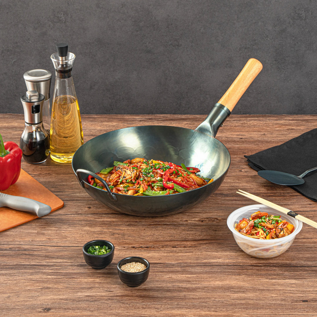 Restaurantware Motomori 12 Inch Pre-Seasoned Fry Pan, Carbon Steel, Blue, Flat Bottom, Hammered Finish, Wood Handle - Restaurant Equipment and Smallwares - Canadian Distribution - Ships Free Within Canada on Orders Above CAD $199